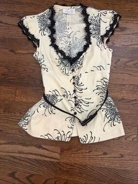 Byron Lars Cream and Black Floral Lace-Trim Button Front Top
